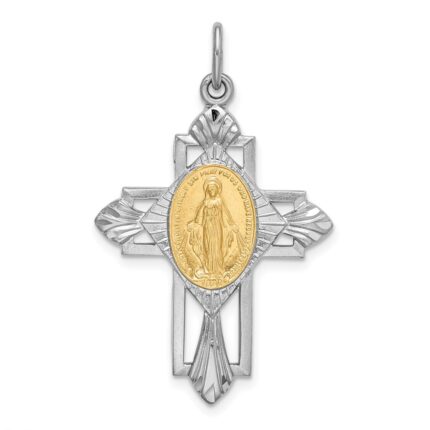 Sterling Silver Platinum-plated Gold Tone Miraculous Medal Cross Pendant