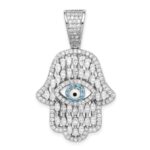 Sterling Silver Rhodium-plated White & Blue CZ Hamsa Eye Pendant