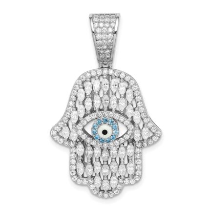 Sterling Silver Rhodium-plated White & Blue CZ Hamsa Eye Pendant