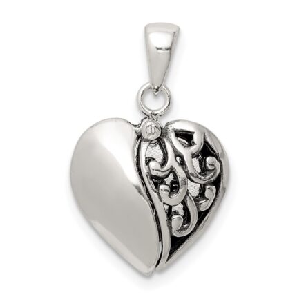 Sterling Silver Polished and Antiqued I LOVE YOU Message within a Decorative Scroll Patterned Moveable Opening Shell Heart Pendant
