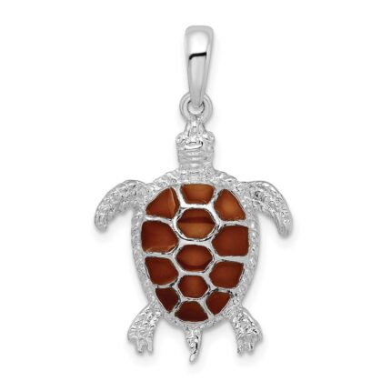 De-Ani Sterling Silver Rhodium-plated Polished Enameled Brown Sea Turtle Pendant