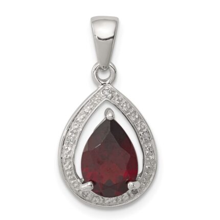 Sterling Silver Rhodium Garnet & Diamond Pendant