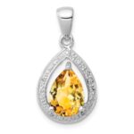Sterling Silver Rhodium Citrine & Diamond Pendant