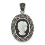 Sterling Silver Antiqued Marcasite with Black Agate and Mother of Pearl Cameo Pendant