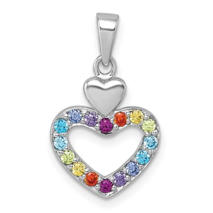 Sterling Silver Rhodium-plated Polished Rainbow CZ Double Heart Pendant