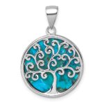 Sterling Silver Rhodium-plated Polished Compressed Turquoise Tree Of Life Pendant