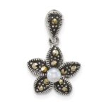 Sterling Silver Antiqued Marcasite and Freshwater Cultured Pearl Fancy Flower Pendant