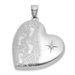 Sterling Silver Rhodium-plated Brushed And Polished 1/20 carat Diamond Foot Prints 24mm Heart Locket