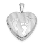 Sterling Silver Rhodium-plated Polished Front/Brushed Back Foot Prints with Star 16mm Heart Locket