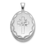 Sterling Silver Rhodium-plated Brushed  1/20 carat Diamond Engraved Cross 16mm Oval Locket