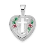 Sterling Silver Rhodium-plated Cross w/ Enamel Flowers 12mm Heart Locket