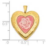 Sterling Silver Gold-plated Polished Front/Brushed Back Pink Rose Resin Cameo 20mm Heart Locket - Image 5
