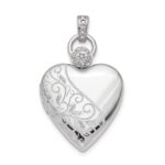 Sterling Silver Rhodium-plated 21mm Heart Dia. Accent D/C Satin Locket
