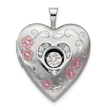 Sterling Silver RH-pltd Satin/Polish Enamel 20mm Vibrant CZ Heart Locket