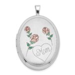 Sterling Silver RH 26mm Satin/Polished Enameled Roses Mom Oval Locket