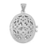 Sterling Silver Rhodium-plated CZ Fancy Filigree Oval 22mm Locket