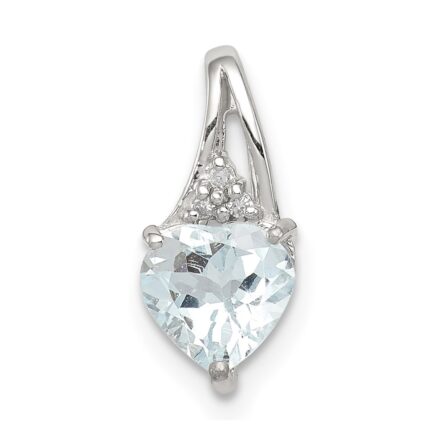 Sterling Silver Rhodium Plated Dia. & Aquamarine Heart Pendant