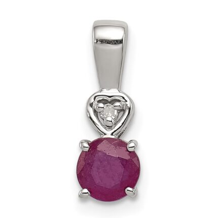 Sterling Silver Rhodium Plated Diamond & Ruby Round Pendant