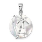 Sterling Silver Rhodium-plated Polished Round Mother of Pearl Palm Tree Pendant