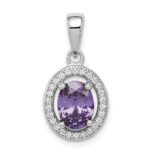 Sterling Silver Rhod-plated w/ Purple and White CZ Oval Pendant