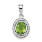 Sterling Silver Rhod-plated Light Green and White CZ Oval Pendant
