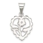 Sterling Silver Polished Mini Floral Center Heart Pendant - Image 4