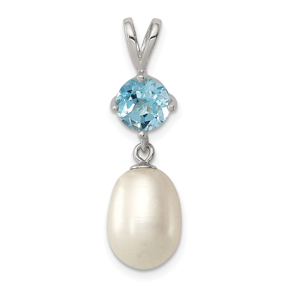 QP4645.jpg Sterling Silver Rhodium-plated 8-9mm White Teardrop Freshwater Cultured Pearl and 1.05BT Blue Topaz Pendant - Image 1