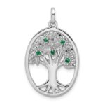 Sterling Silver Rhodium-plated Green Glass Buds Oval Tree Pendant