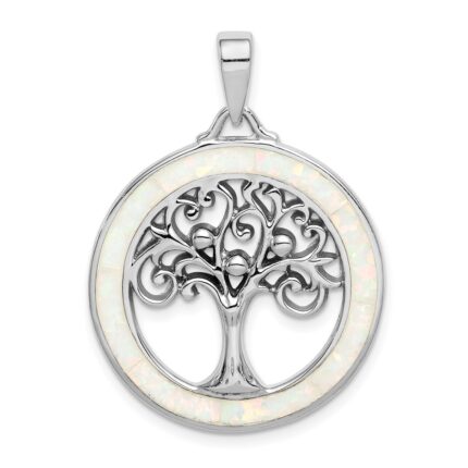 Sterling Silver Rhodium-plated Created Opal Circle w/Tree Pendant