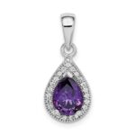 Sterling Silver Rhod Plated Purple and Clear CZ Pendant