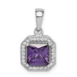 Sterling Silver Rhodium Plated Clear CZ and Square Purple CZ Pendant