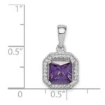 Sterling Silver Rhodium Plated Clear CZ and Square Purple CZ Pendant - Image 4