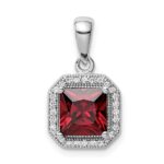 Sterling Silver Rhodium Plated Clear CZ and Square Red CZ Pendant