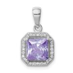 Sterling Silver Rhodium Plated Clear CZ and Square Light Purple CZ Pendant