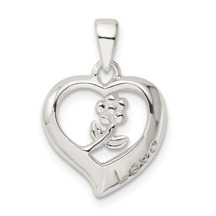 Sterling Silver Love Heart w/Flower Pendant