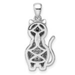 Sterling Silver Rhodium-plated Polished Green & White CZ Cat Pendant - Image 4
