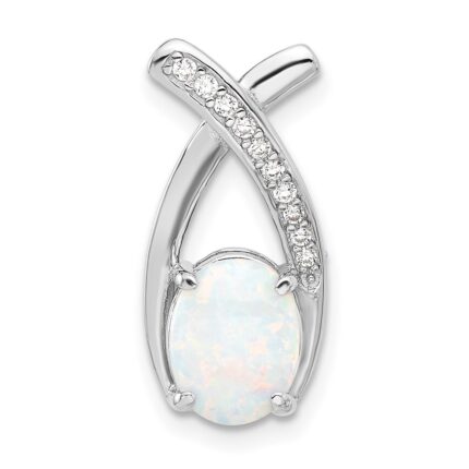 Sterling Silver Rh-plated CZ and White Created Opal Chain Slide Pendant