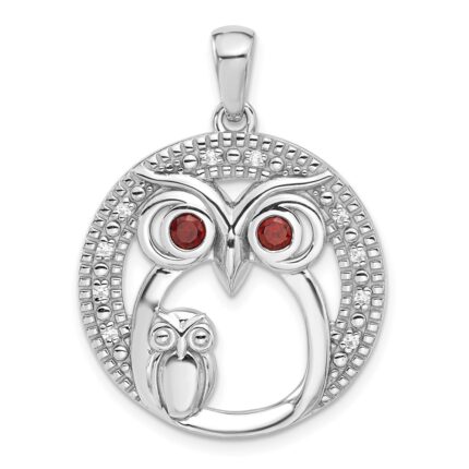 Sterling Silver Rhodium-plated Garnet and CZ Owls Pendant