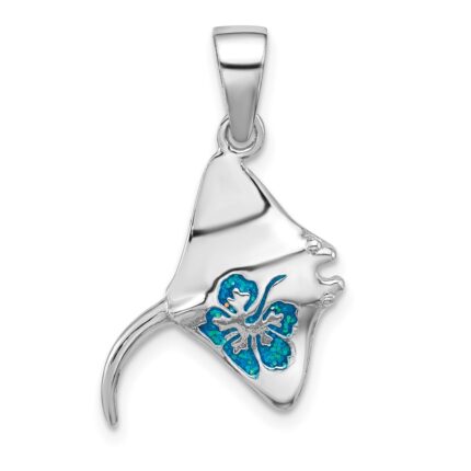Sterling Silver Rhodium-plated Polished Blue Enamel Stingray Pendant