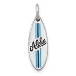Sterling Silver Rhodium-plated Polished Blue and Black Enamel Aloha Surfboard Pendant