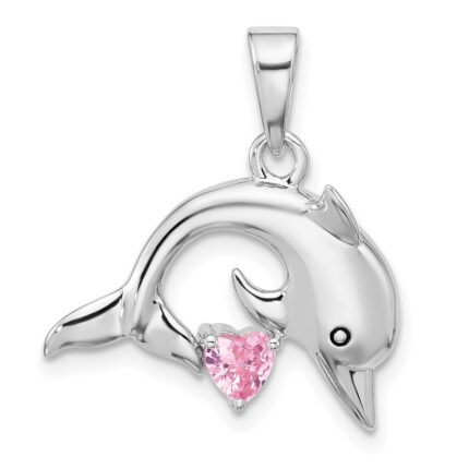 Sterling Silver Rhodium-plated Polished and Antiqued Pink CZ Dolphin Pendant