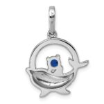 Sterling Silver Rhodium-plated Round Blue and White CZ Dolphin in Circle Pendant - Image 3