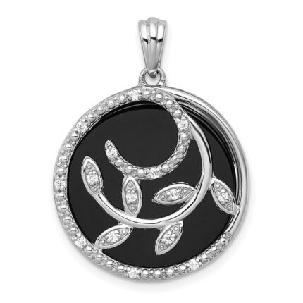 Sterling Silver Rhodium-plated Polished Onyx Circle and CZ Leaves Pendant
