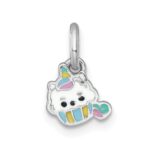 Sterling Silver Rhodium-plated Polished White and Rainbow Enamel Unicorn Cupcake Childrens Pendant