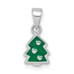 Sterling Silver Rhodium-plated Children's Green Enamel Christmas Tree with Hearts Pendant