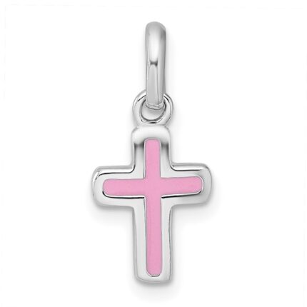 Sterling Silver Rhodium-plated Polished Pink Enamel Childrens Cross Charm Pendant
