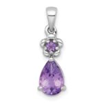 Sterling Silver Rhodium-plated Polished Amethyst Teardrop and Flower Pendant