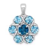 Sterling Silver Rhodium-plated Polished London Blue Topaz and Light Swiss Blue Topaz Flower Pendant