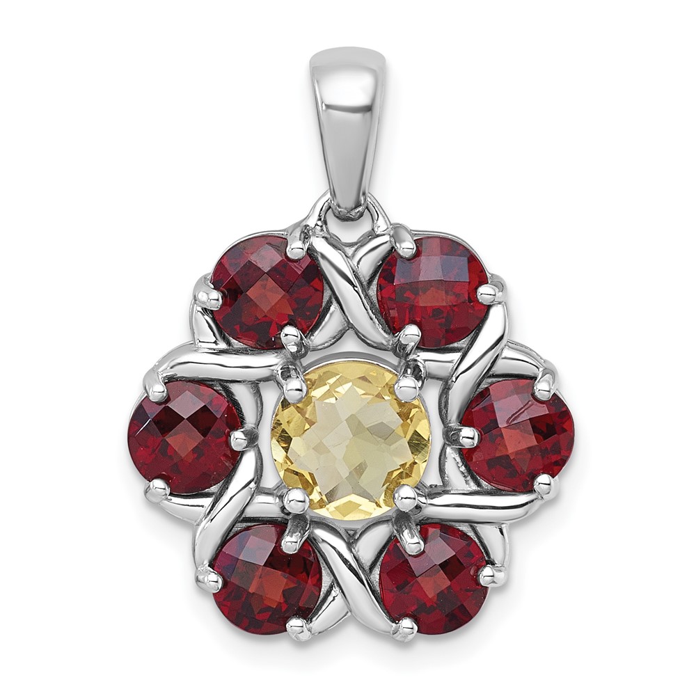QP6012GA_CI.jpg Sterling Silver Rhodium-plated Polished Citrine and Garnet Flower Pendant - Image 1