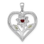 Sterling Silver Rhodium-plated Polished Garnet, Peridot and White Topaz Flower in Heart Pendant - Image 3